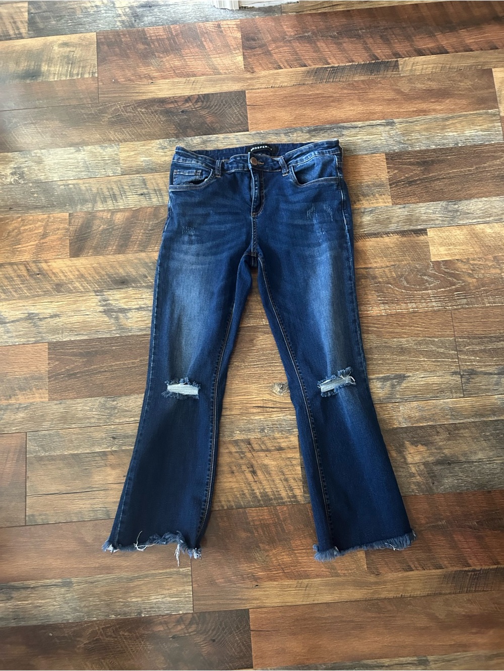 Women's Dark Blue Frayed Hem Wide-Leg Jeans